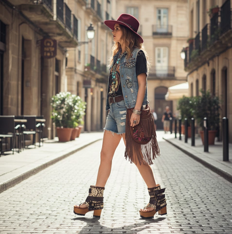 Flip-flop style boot. Biker-style snake boot. Snake boot with wooden heel. Platform flip-flop. High-end leather footwear handmade by Sol Caleyo.