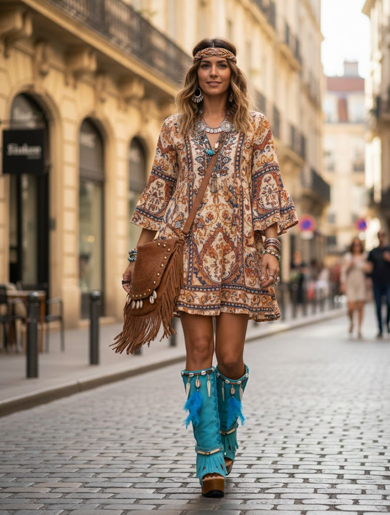 Turquoise bohemian-style boots, handmade. Platform boots with wooden heel. Turquoise bohemian-style boots decorated with feathers, shells and carved bone. High-end footwear handmade by Sol Caleyo.