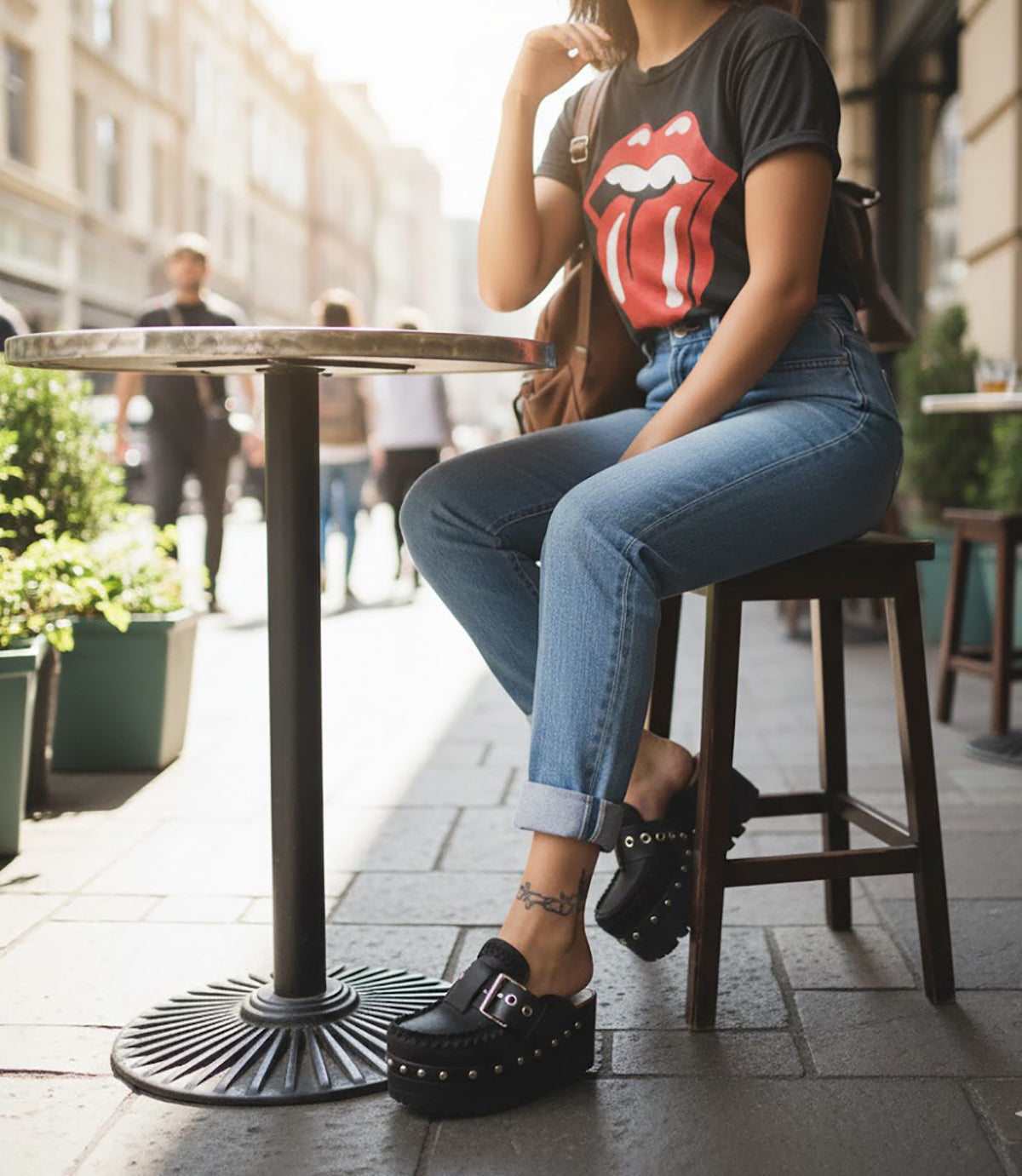 Oxford style wooden wedge clogs, black leather clogs with buckle and silver studs. High quality handmade shoes by Sol Caleyo.