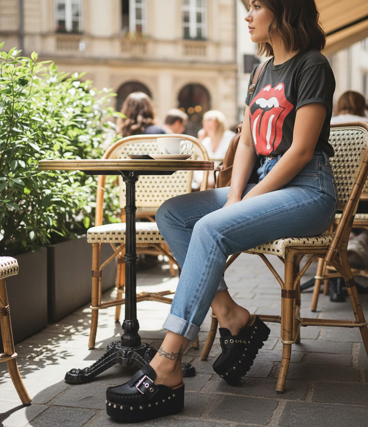 Oxford style wooden wedge clogs, black leather clogs with buckle and silver studs. High quality handmade shoes by Sol Caleyo.