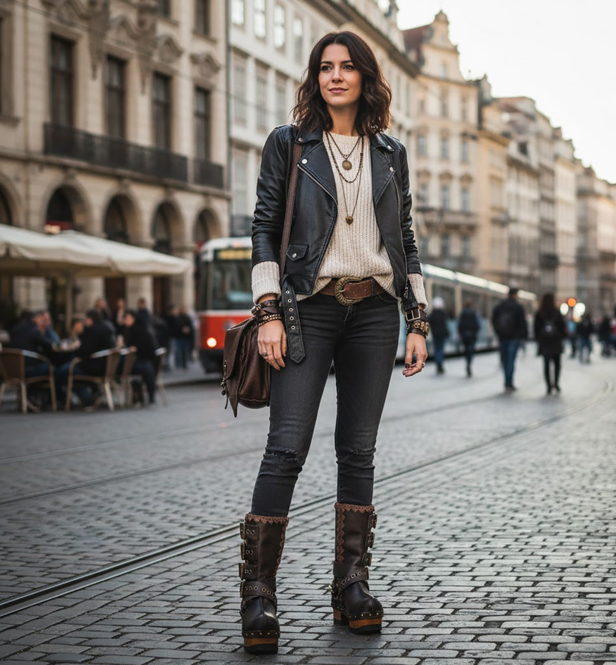 Handmade leather clogs. Dark brown leather biker boots. Leather boots with wooden heels. Leather boots with buckles. High-end footwear handmade by Sol Caleyo.