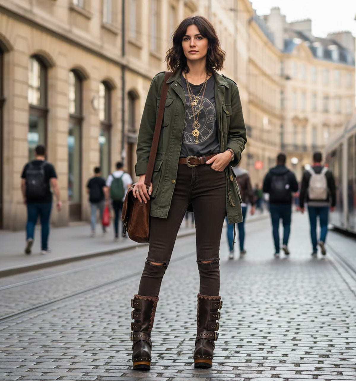 Handmade leather clogs. Dark brown leather biker boots. Leather boots with wooden heels. Leather boots with buckles. High-end footwear handmade by Sol Caleyo.