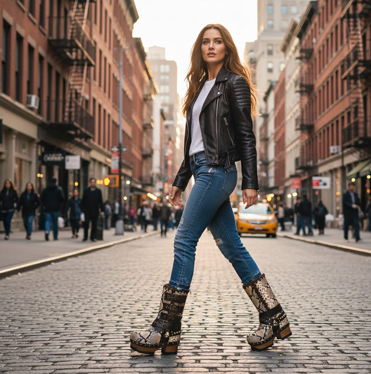 Handmade snake skin clogs. Biker-style snake boots. Leather boots with wooden heels. High-end footwear handmade by Sol Caleyo.