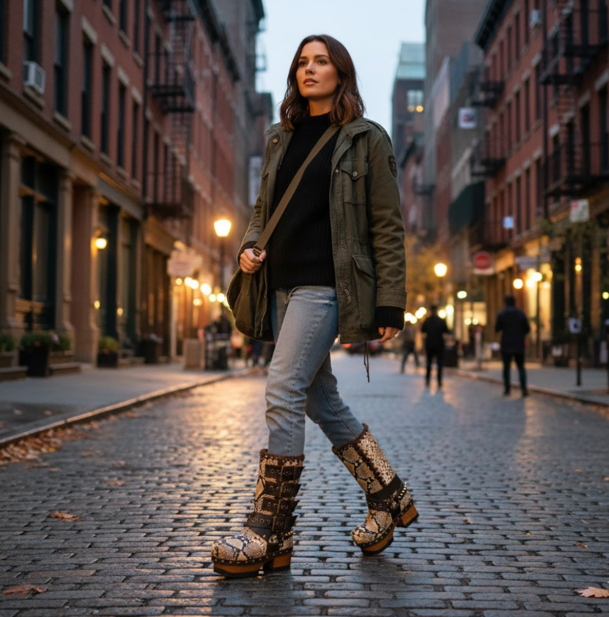 Handmade snake skin clogs. Biker-style snake boots. Leather boots with wooden heels. High-end footwear handmade by Sol Caleyo.