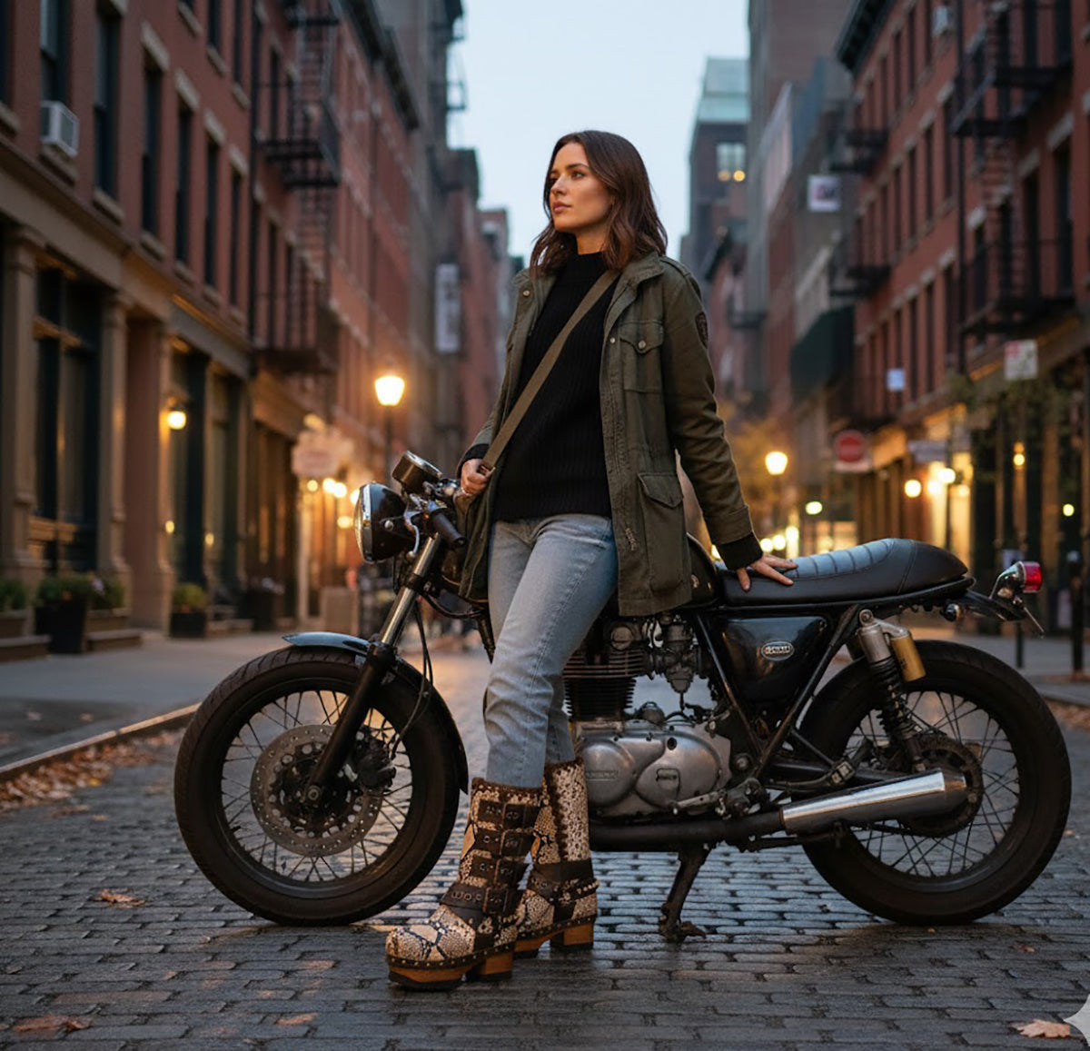 Handmade snake skin clogs. Biker-style snake boots. Leather boots with wooden heels. High-end footwear handmade by Sol Caleyo.