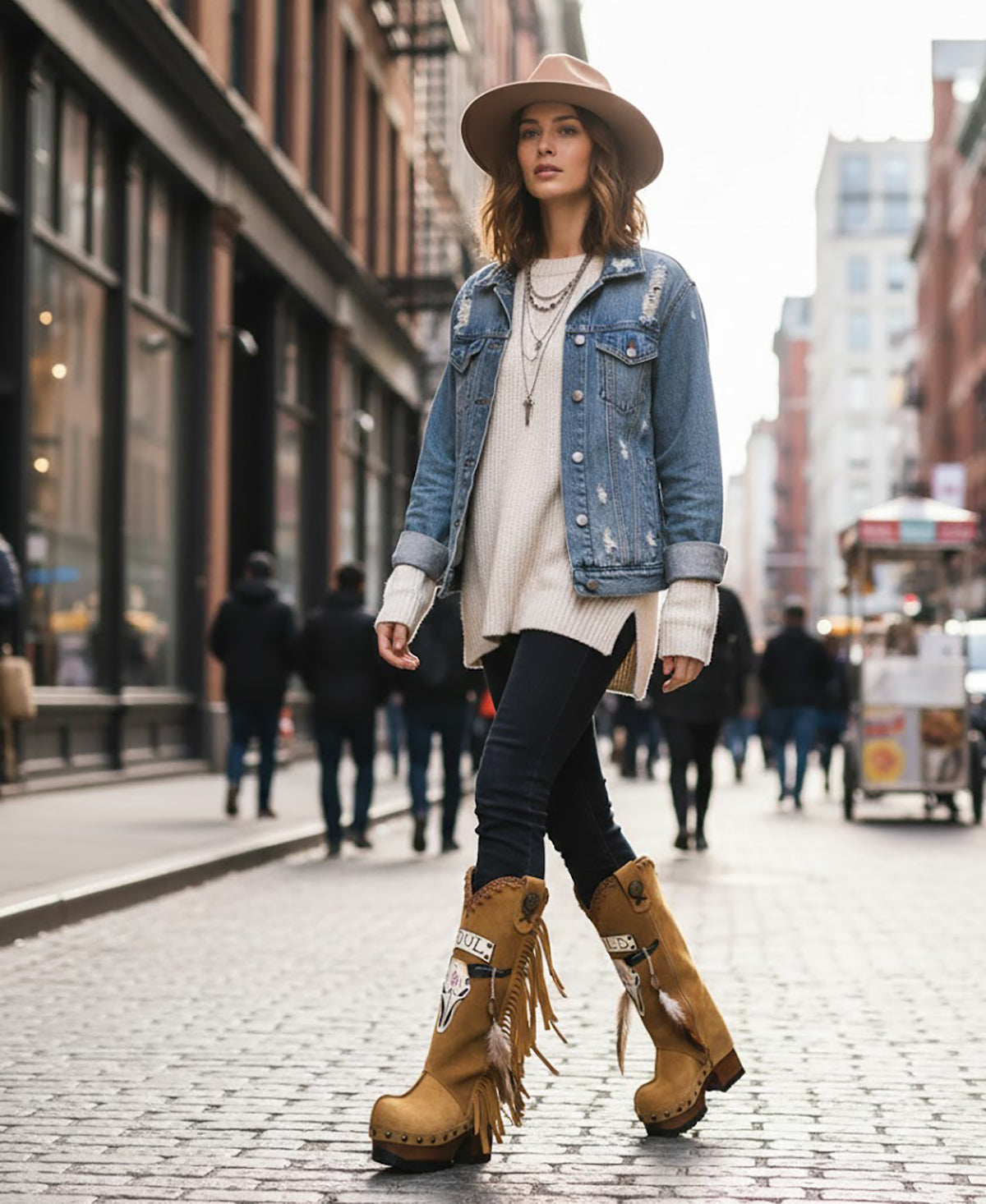 Camel suede cowboy boots. Clogs with hand-painted buffalo head, feathers, and fringes. Bohemian-style boots. High-end footwear handmade by Sol Caleyo.