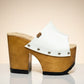 Vintage 70's style white platform sandals. Vintage style wooden heeled sandals. White vintage style mules. Handmade leather shoes by Sol Caleyo.