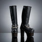 Super high heel platform boots. Black leather boots with studs and silver chains. Super high wooden heel. Sizes 34 to 47. High quality handmade leather shoes.