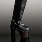 Super high heel platform boots. Black leather boots with studs and silver chains. Super high wooden heel. Sizes 34 to 47. High quality handmade leather shoes.