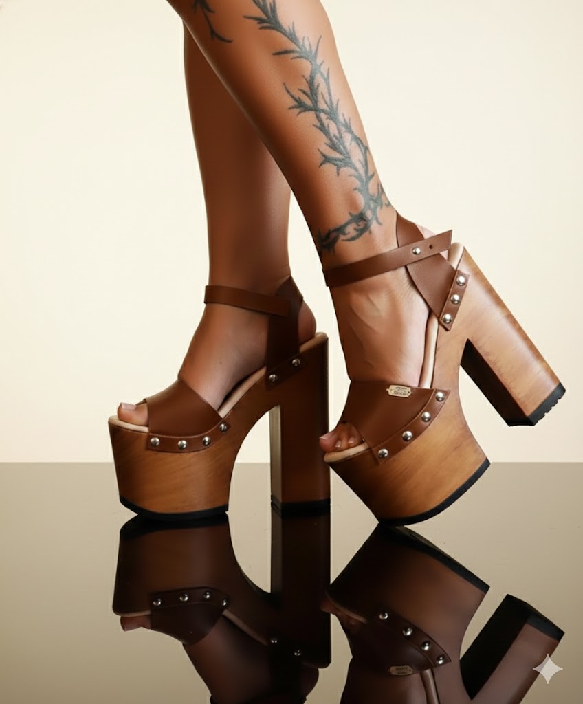 Handcrafted brown leather clogs sandals with wooden soles, high platforms, and heels