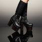 Super high heel platform boots. Black leather boots with studs and silver chains. Super high wooden heel. Sizes 34 to 47. High quality handmade leather shoes.