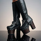 Super high heel platform boots. Black leather boots with studs and silver chains. Super high wooden heel. Sizes 34 to 47. High quality handmade leather shoes.