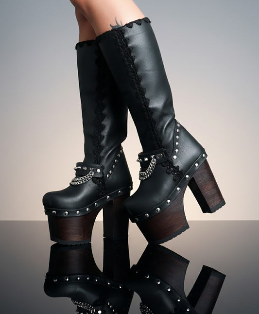 Super high heel platform boots. Black leather boots with studs and silver chains. Super high wooden heel. Sizes 34 to 47. High quality handmade leather shoes.