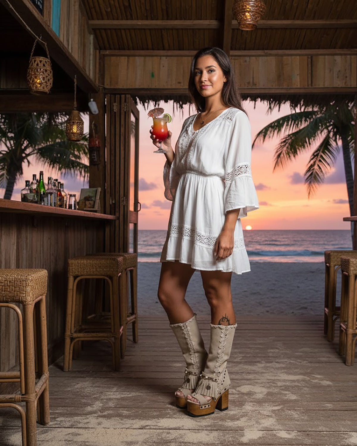 Handcrafted Dakota beige suede platform boots by Sol Caleyo featuring boho fringe, natural shells, and old gold coins on a 12cm sculpted wooden heel.