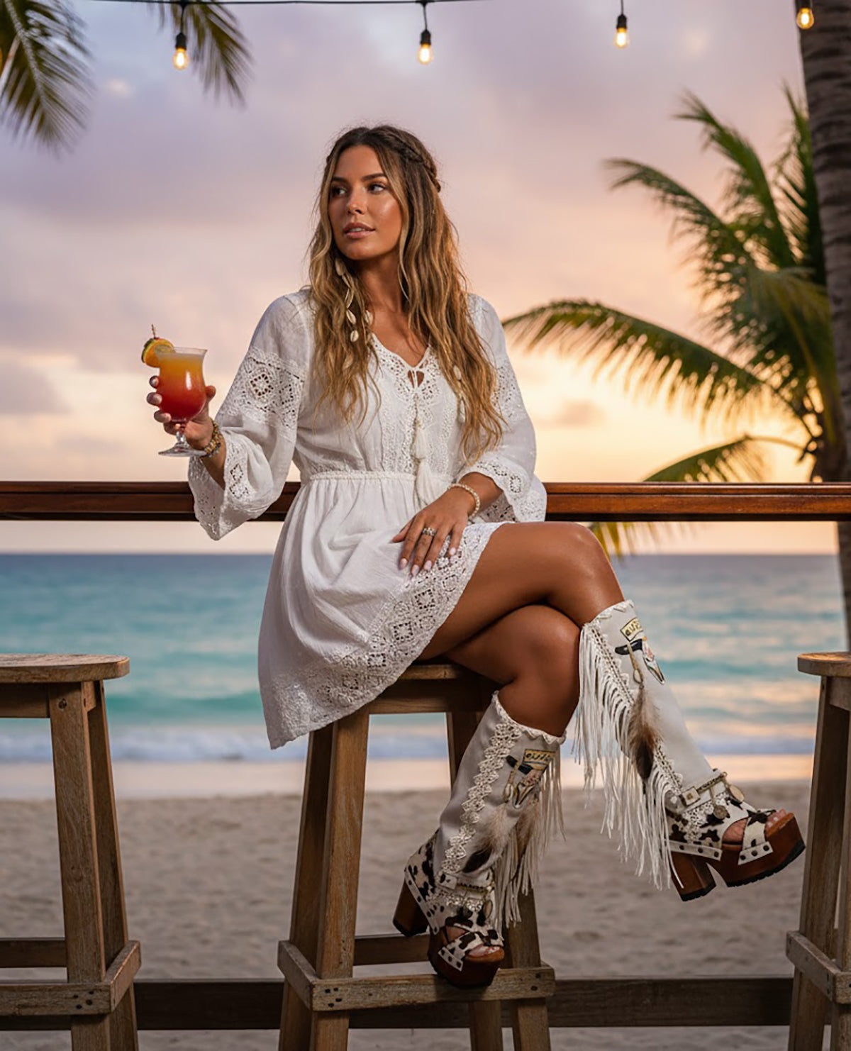 Handcrafted white suede boho cowboy boots with cow print hair-on leather, featuring hand-painted buffalo designs, fringe, and 12cm wooden platform heels by Sol Caleyo.