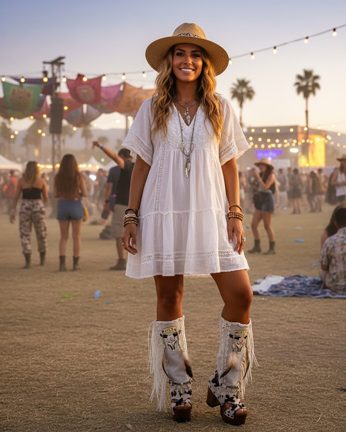 Handcrafted white suede boho cowboy boots with cow print hair-on leather, featuring hand-painted buffalo designs, fringe, and 12cm wooden platform heels by Sol Caleyo.
