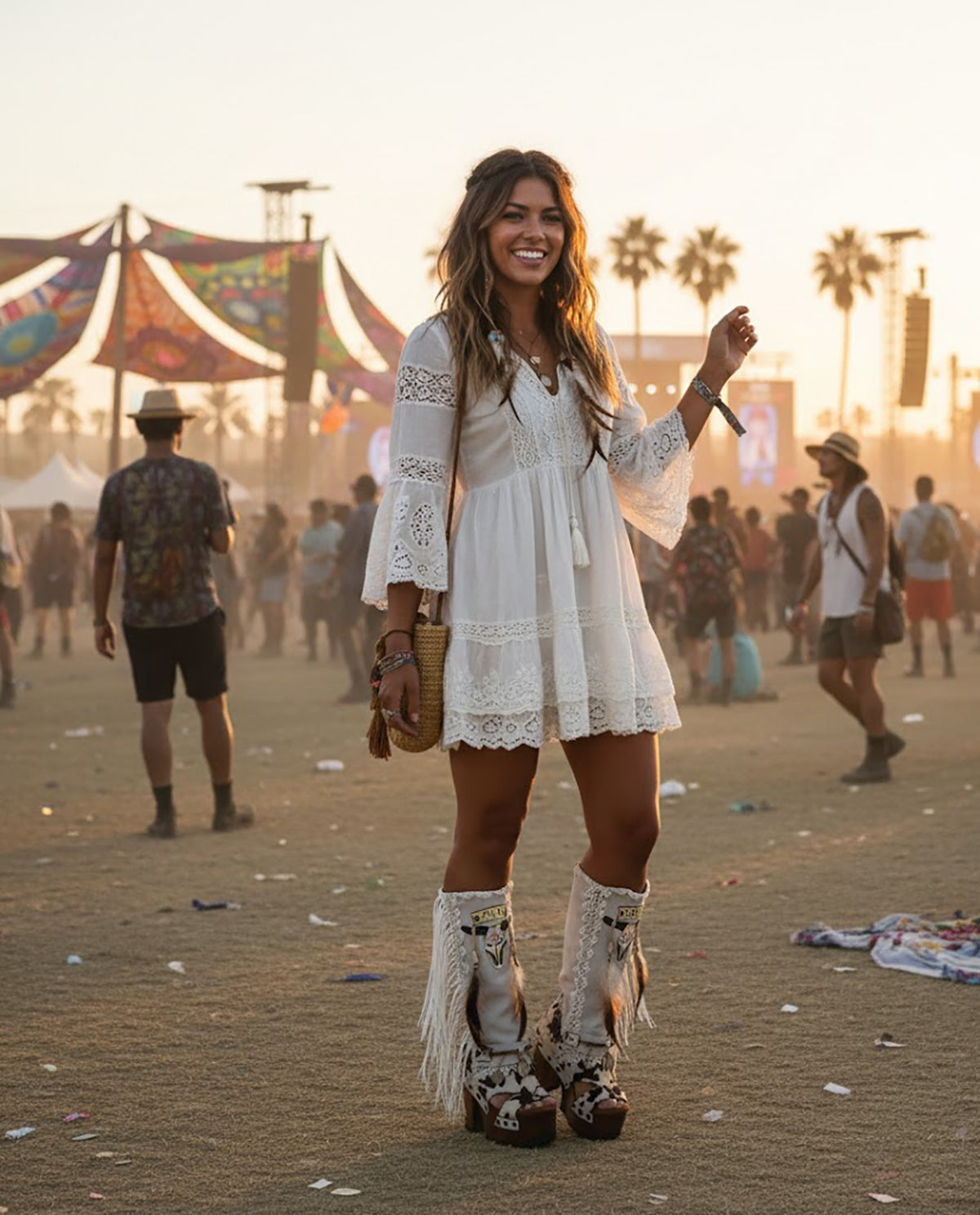 Handcrafted white suede boho cowboy boots with cow print hair-on leather, featuring hand-painted buffalo designs, fringe, and 12cm wooden platform heels by Sol Caleyo.