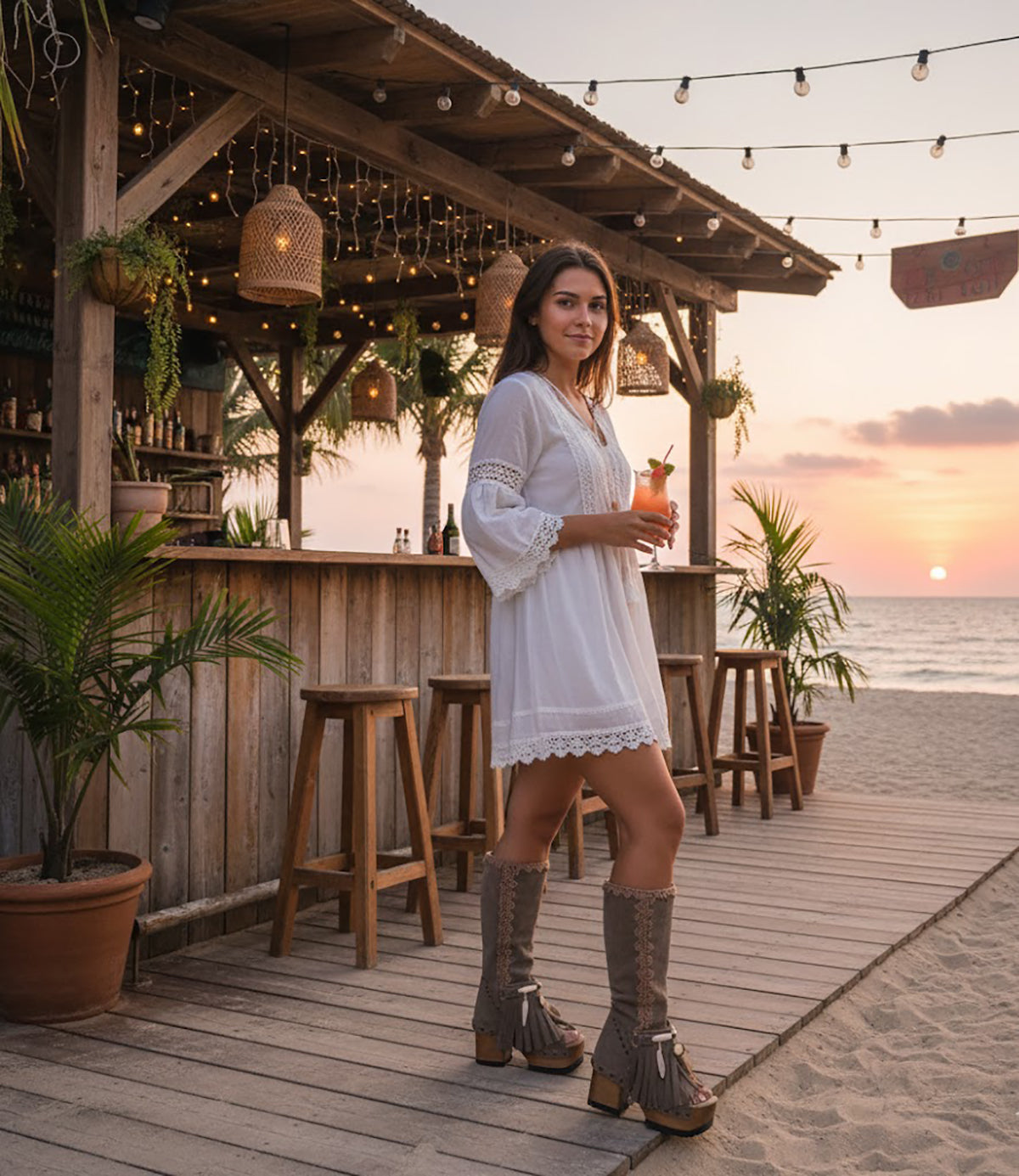 Bohemian-style boots in earth-colored suede leather. Bohemian-style platform boots, decorated with horns, fringes, feathers, and shells. High-end footwear handmade to order. Exclusive design by Sol Caleyo.