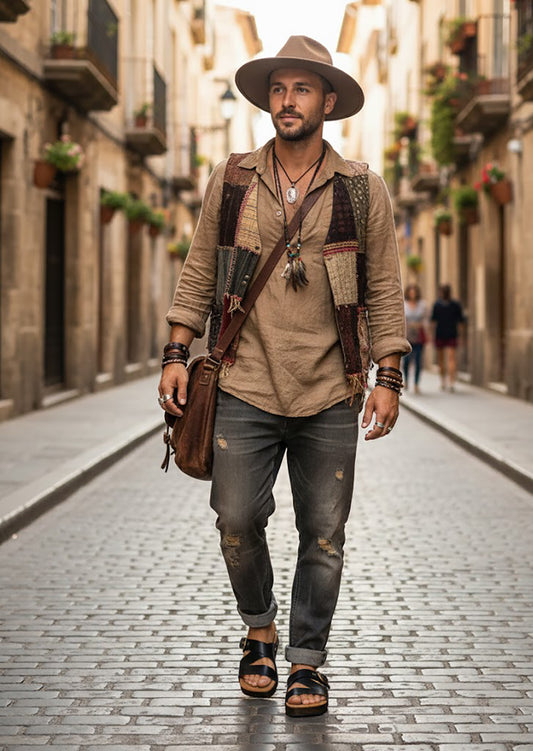 Man wearing handmade black leather wooden sole sandals outdoors, showing fit and rugged style.