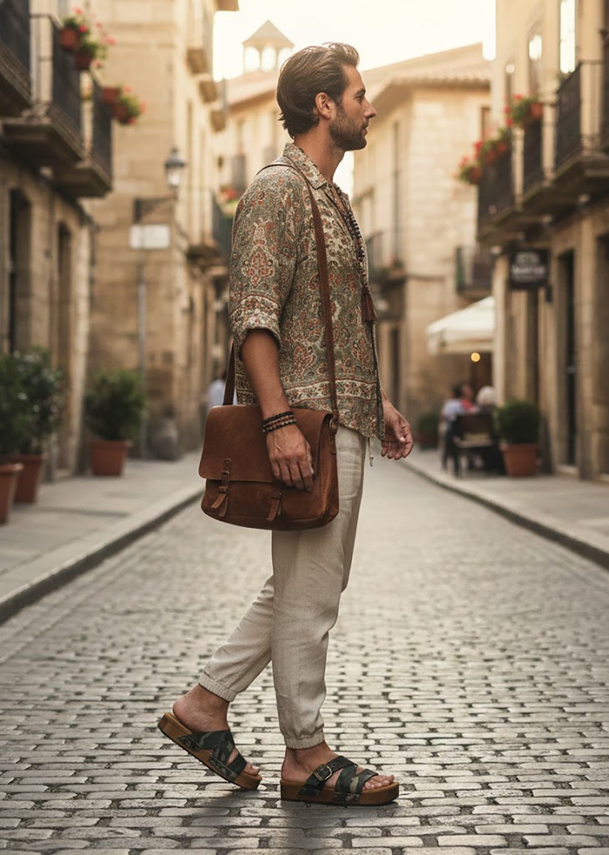 Wooden sole and black Vibram grip outsole on men’s handmade leather clog sandals.
Padded goat suede footbed inside handmade men’s leather sandals for enhanced comfort.