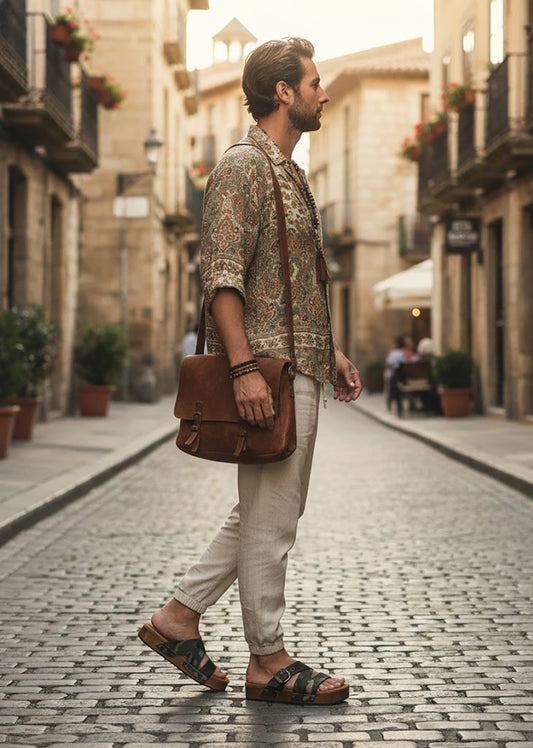 Wooden sole and black Vibram grip outsole on men’s handmade leather clog sandals.
Padded goat suede footbed inside handmade men’s leather sandals for enhanced comfort.