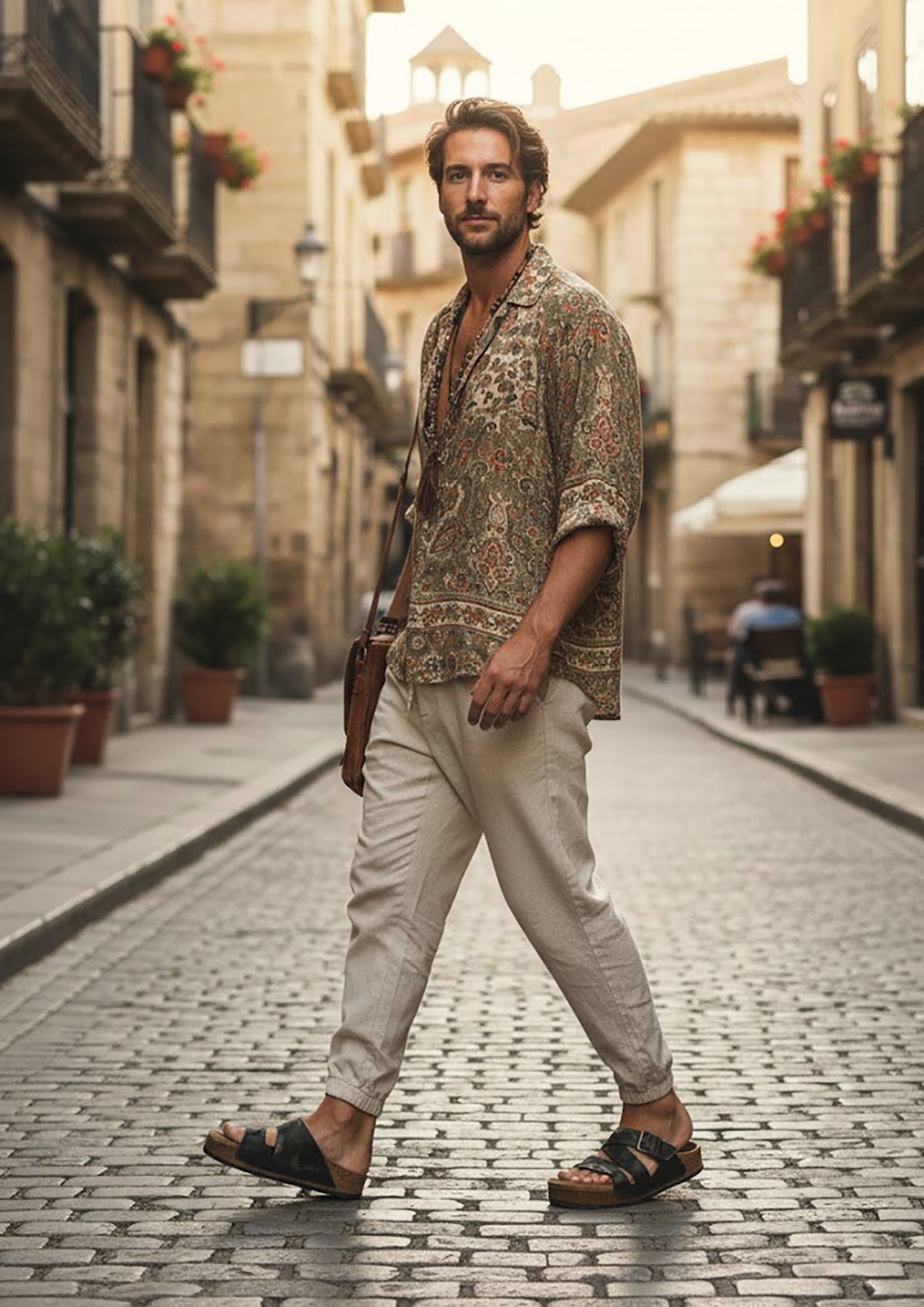 Wooden sole and black Vibram grip outsole on men’s handmade leather clog sandals.
Padded goat suede footbed inside handmade men’s leather sandals for enhanced comfort.