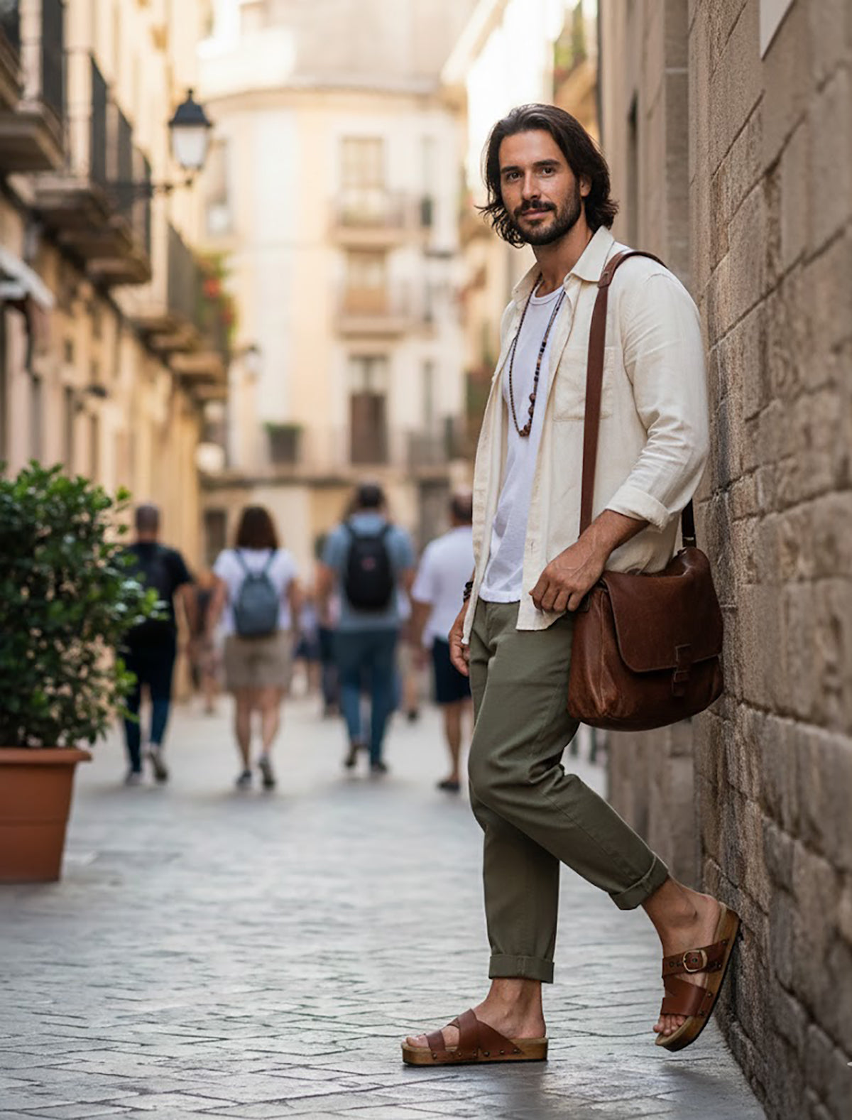 Handmade men’s brown leather Classic sandals with wooden sole and black Vibram outsole by Sol Caleyo.