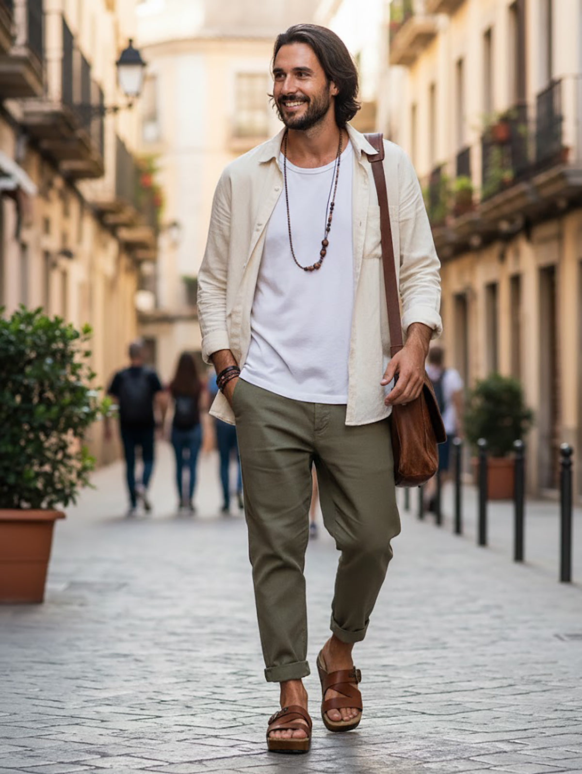Handmade men’s brown leather Classic sandals with wooden sole and black Vibram outsole by Sol Caleyo.