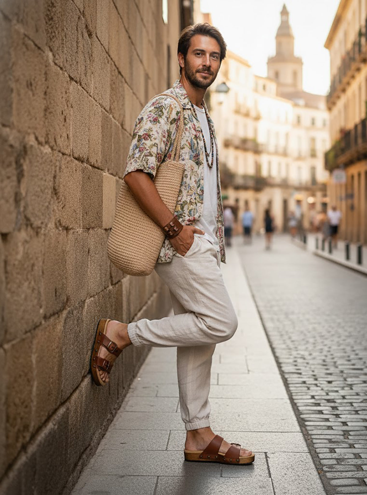 Handmade men’s brown leather Birk sandals with wooden sole and black Vibram outsole by Sol Caleyo.