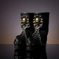 Black leather platform boots with studs and chains. Rock style boots with wooden heel. Bohemian warrior boots with metal details. Sizes 34 to 47. Handmade by Sol Caleyo.