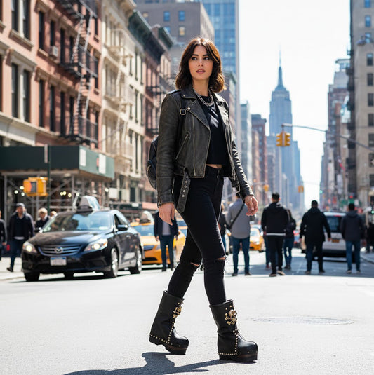 Black leather platform boots with studs and chains. Rock style boots with wooden heel. Bohemian warrior boots with metal details. Sizes 34 to 47. Handmade by Sol Caleyo.