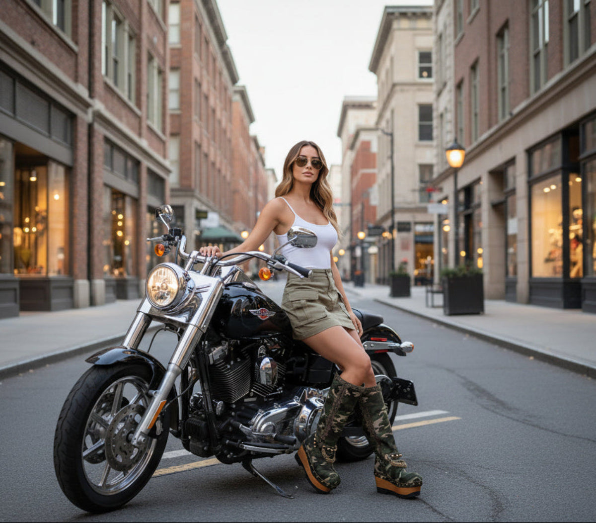 Platform clog boot in military leather. Boot with wooden wedge in military leather and old gold studs. Platform boot with wooden wedge. Sizes 34 to 47. Excellent quality handmade by Sol Caleyo.