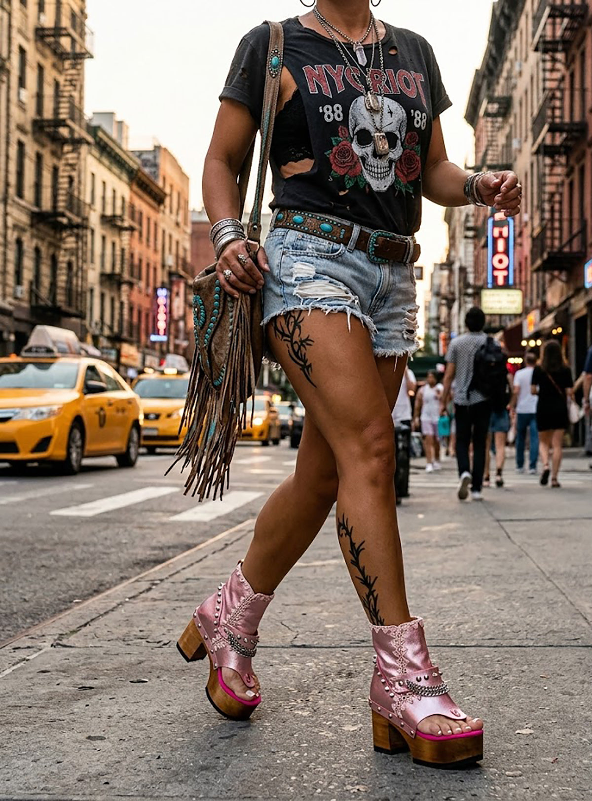 Leather clog boot, flip flop style. Flip flop with wooden heel. Pink flip flop with studs and silver chains. Pink flip flops with super high wooden heel. Sizes 34 to 47. High quality leather shoes handmade by sol Caleyo. Sustainable fashion.