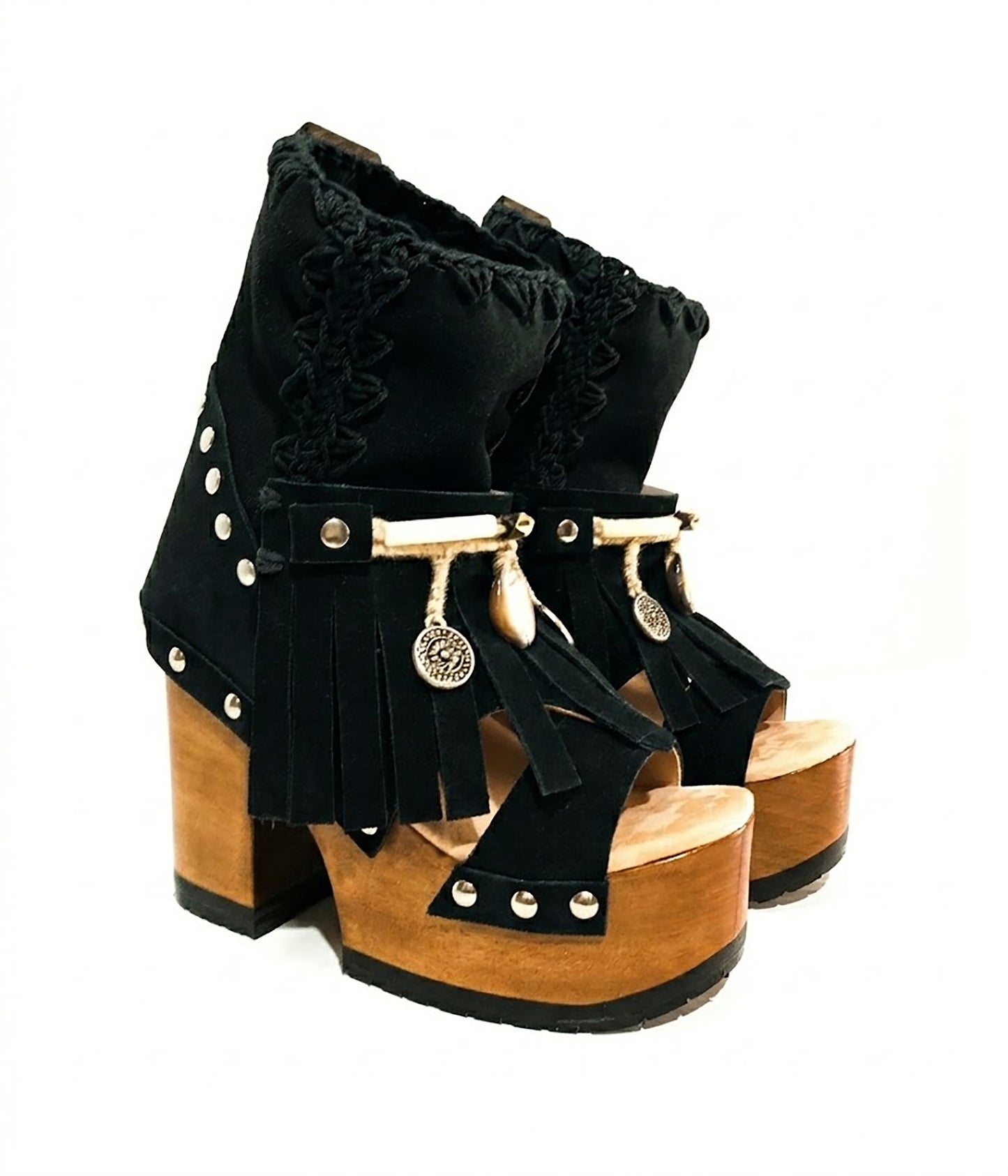 Bohemian style Black suede leather boots. Turquoise boots with wooden heel. Turquoise boots decorated with coins, horns and feathers, Boho Chic style. High-end handmade footwear by Sol Caleyo.