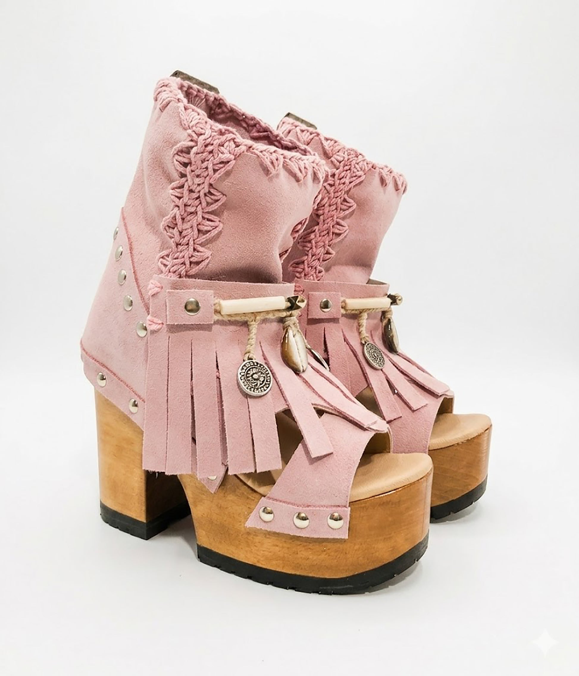 Bohemian style Pink suede leather boots. Turquoise boots with wooden heel. Turquoise boots decorated with coins, horns and feathers, Boho Chic style. High-end handmade footwear by Sol Caleyo.