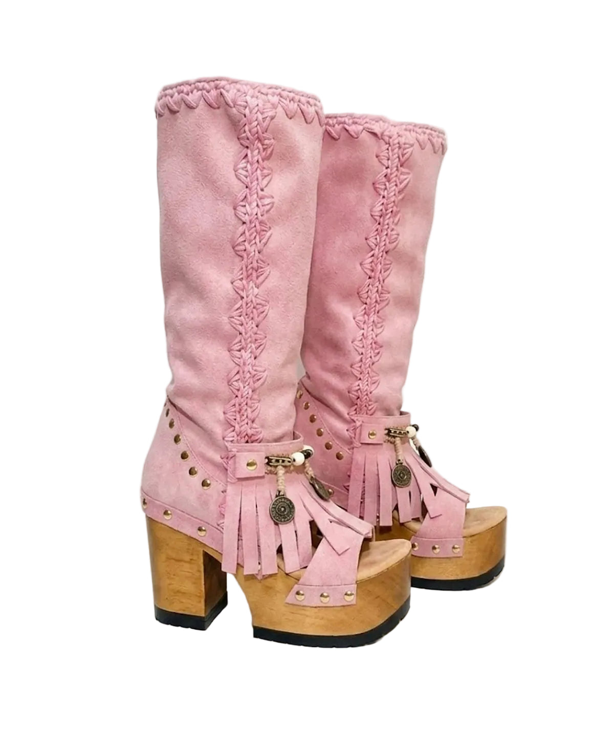 Handcrafted Dakota Pink suede platform boots by Sol Caleyo featuring boho fringe, natural shells, and old gold coins on a 12cm sculpted wooden heel.