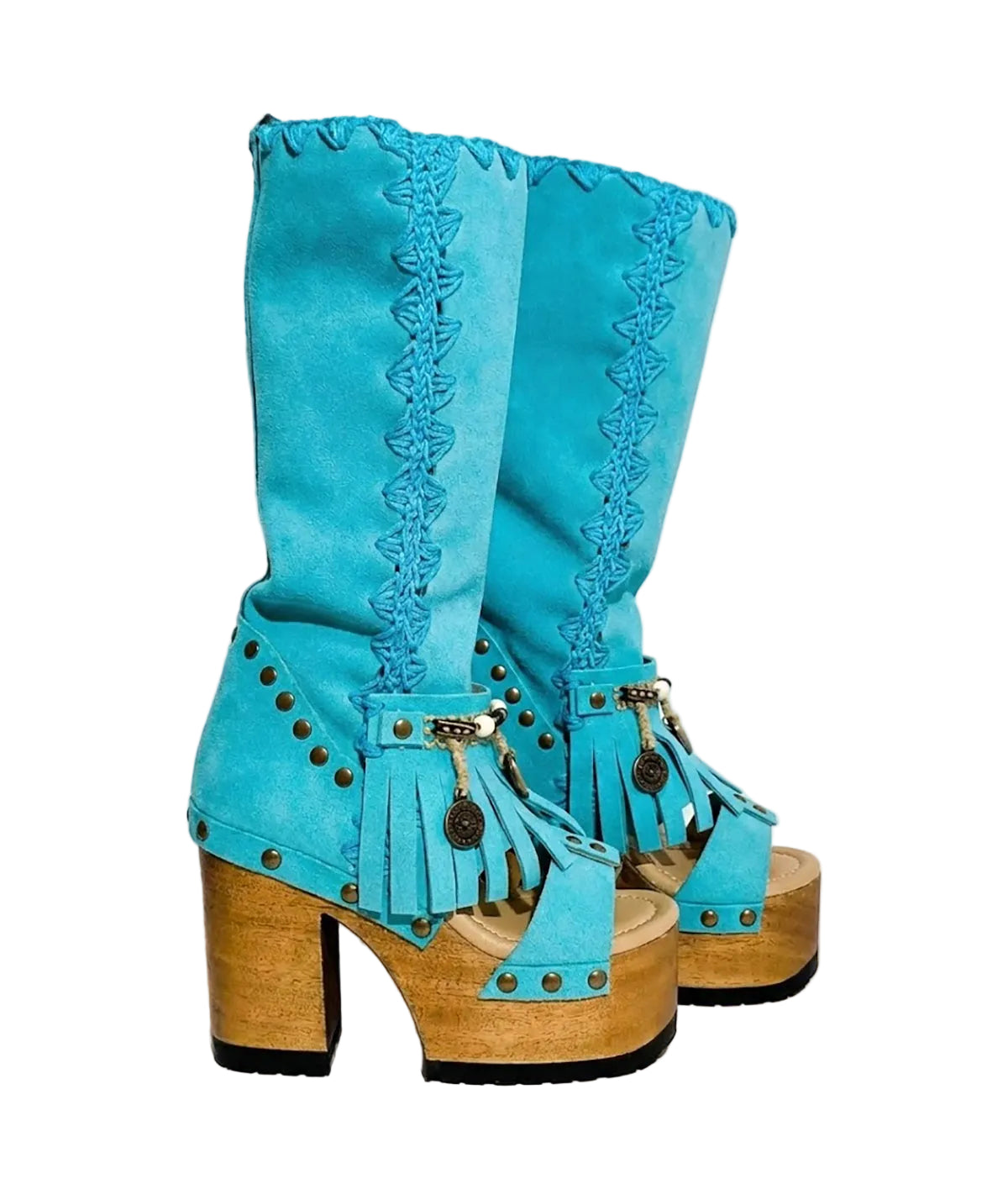 Handcrafted Dakota  turquoise suede platform boots by Sol Caleyo featuring boho fringe, natural shells, and old gold coins on a 12cm sculpted wooden heel.