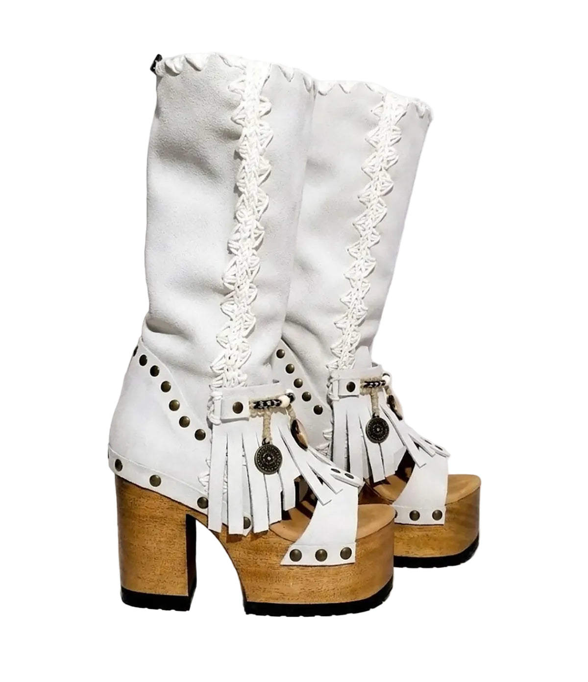 Handcrafted Dakota  White suede platform boots by Sol Caleyo featuring boho fringe, natural shells, and old gold coins on a 12cm sculpted wooden heel.