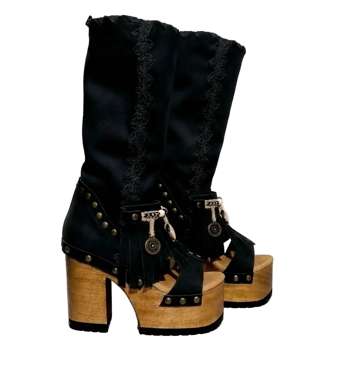 Handcrafted Dakota  black suede platform boots by Sol Caleyo featuring boho fringe, natural shells, and old gold coins on a 12cm sculpted wooden heel.