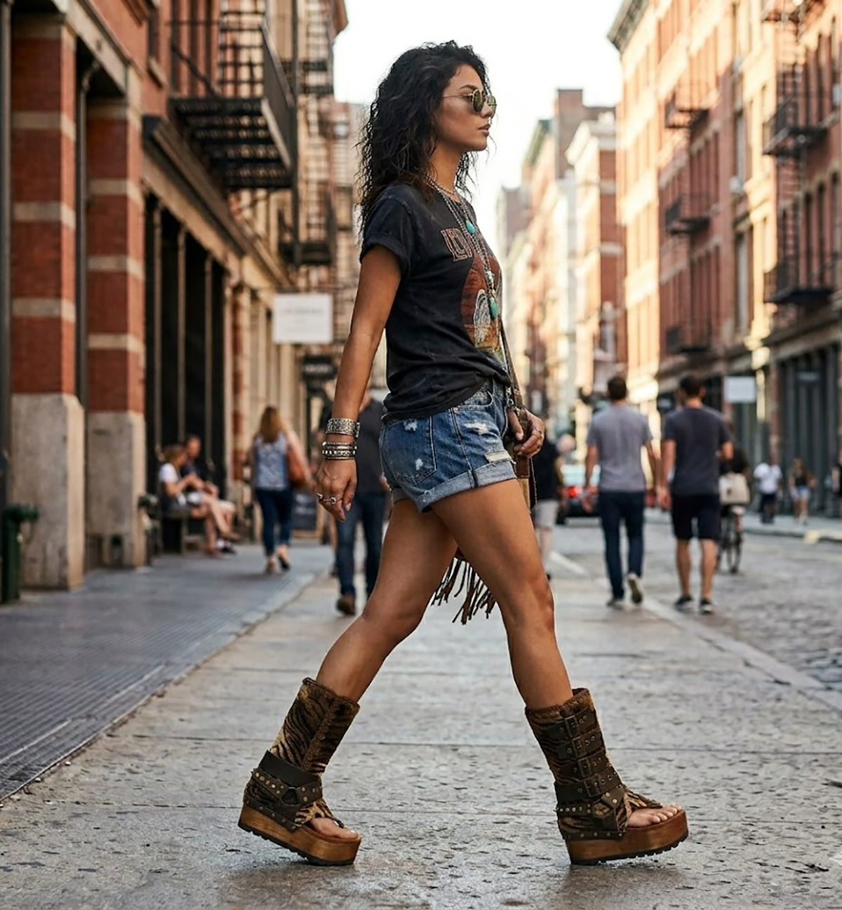 Model wearing Alabama Tiger Boots with tiger-print leather and biker-style buckles. High-end artisanal wedge boots styled for a bold, rebellious fashion look by Sol Caleyo.
