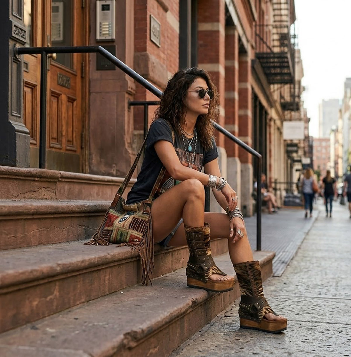 Model wearing Alabama Tiger Boots with tiger-print leather and biker-style buckles. High-end artisanal wedge boots styled for a bold, rebellious fashion look by Sol Caleyo.