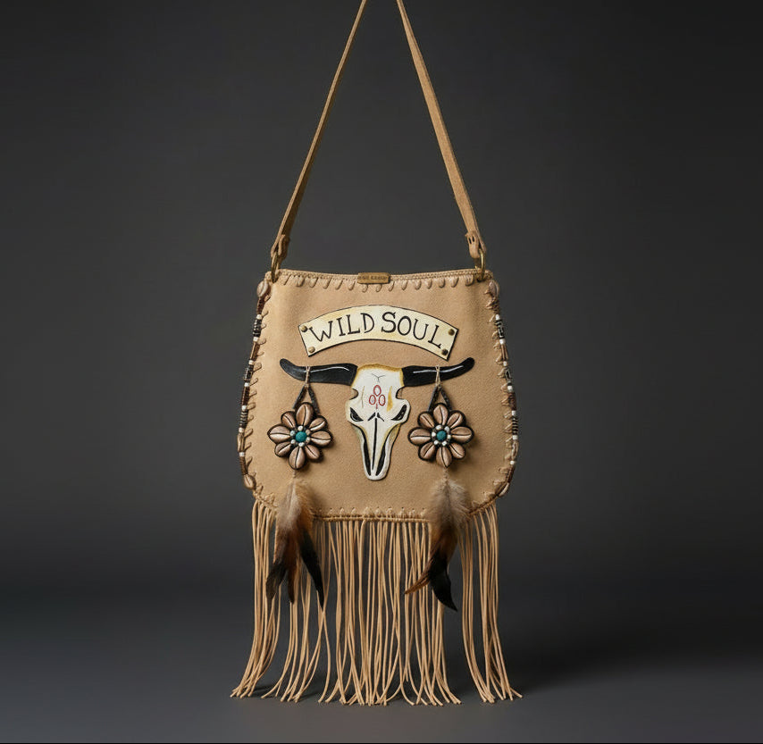 Bohemian-style beige leather bag. Handmade leather bag with hand-painted buffalo decorated with shells, feathers, carved horn, and felcos. Handmade leather bag by Sol Caleyo.