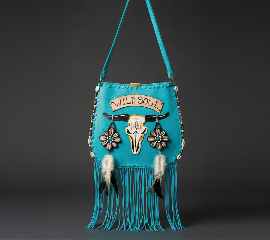 Bohemian-style turquoise  leather bag. Handmade leather bag with hand-painted buffalo decorated with shells, feathers, carved horn, and felcos. Handmade leather bag by Sol Caleyo.