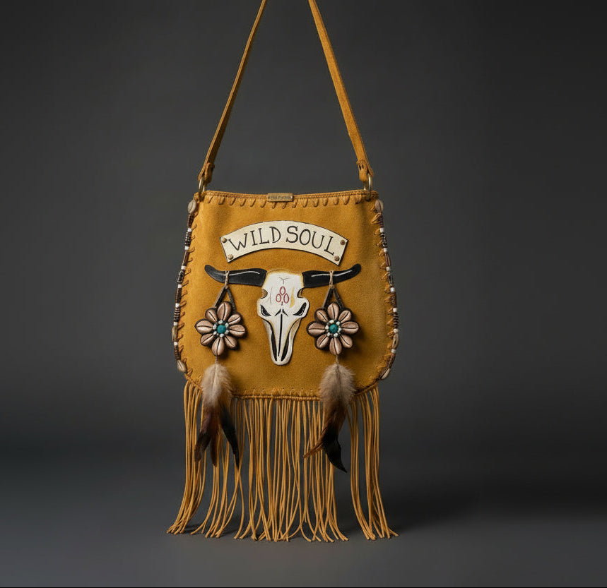 Bohemian-style camel  leather bag. Handmade leather bag with hand-painted buffalo decorated with shells, feathers, carved horn, and felcos. Handmade leather bag by Sol Caleyo.