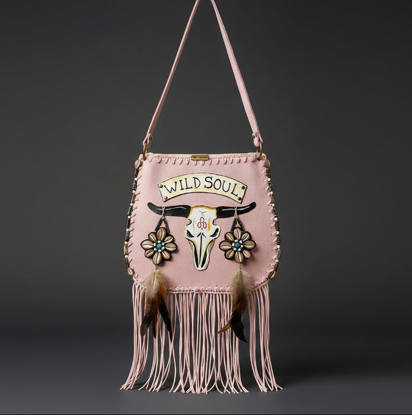Bohemian-style pink  leather bag. Handmade leather bag with hand-painted buffalo decorated with shells, feathers, carved horn, and felcos. Handmade leather bag by Sol Caleyo.
