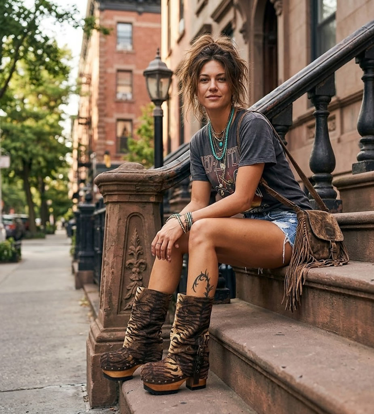 Fashion model wearing Sol Caleyo Tiger Boots featuring premium tiger-print suede and a slouchy silhouette. Handcrafted platform boots with a 3.5-inch hand-carved wooden heel, antique gold buckle detailing, and heavy-duty tractor soles. High-end artisanal footwear styled for a bold, luxury boho-chic look.