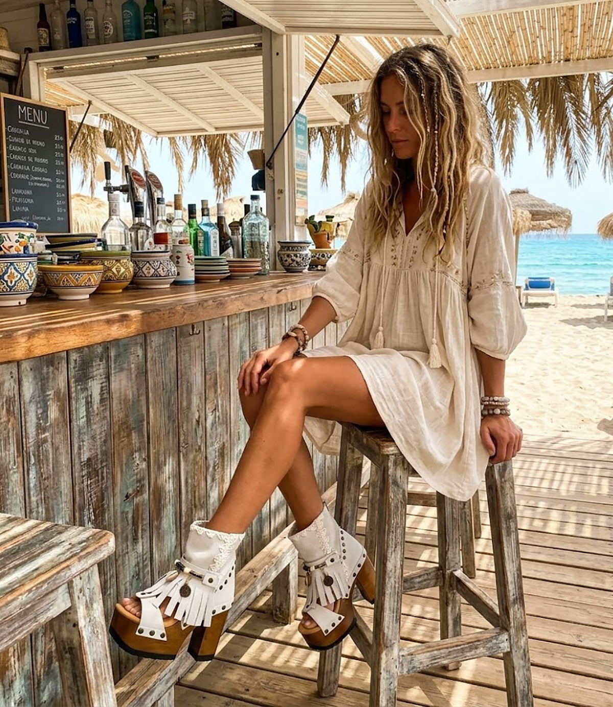 White suede leather boots bohemian style. Platform boots with wooden heel. Vintage style platform boots. High-end handmade footwear by Sol Caleyo.