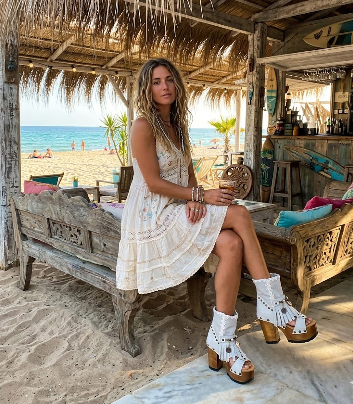 White suede leather boots bohemian style. Platform boots with wooden heel. Vintage style platform boots. High-end handmade footwear by Sol Caleyo.