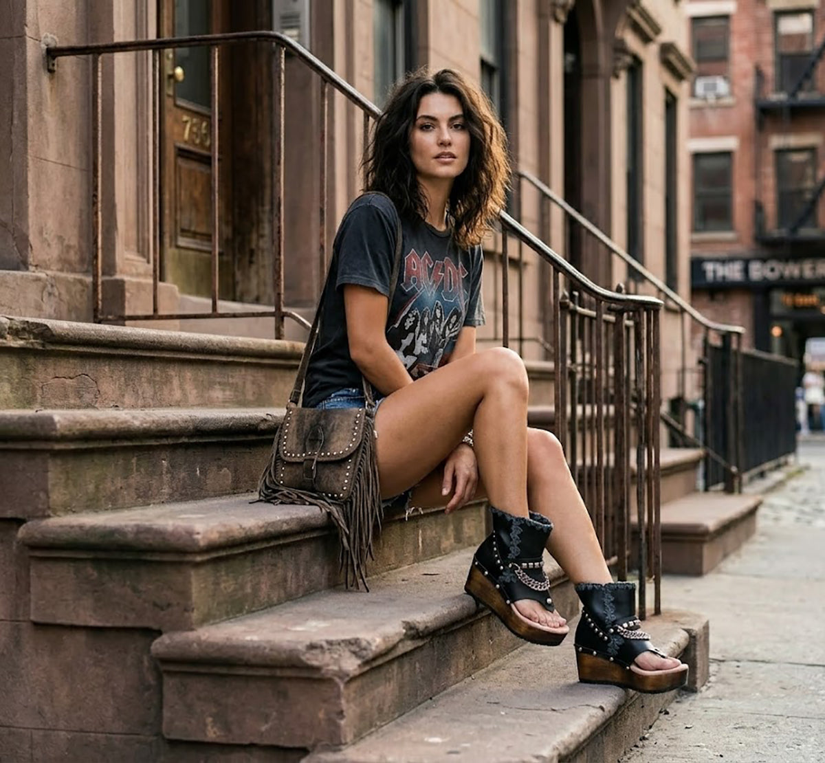 Model sitting on city stairs wearing Sol Caleyo Texas Boots: black leather flip-flop platform sandals with silver studs and chains. Handcrafted 9 cm wooden wedge with a rugged biker aesthetic.