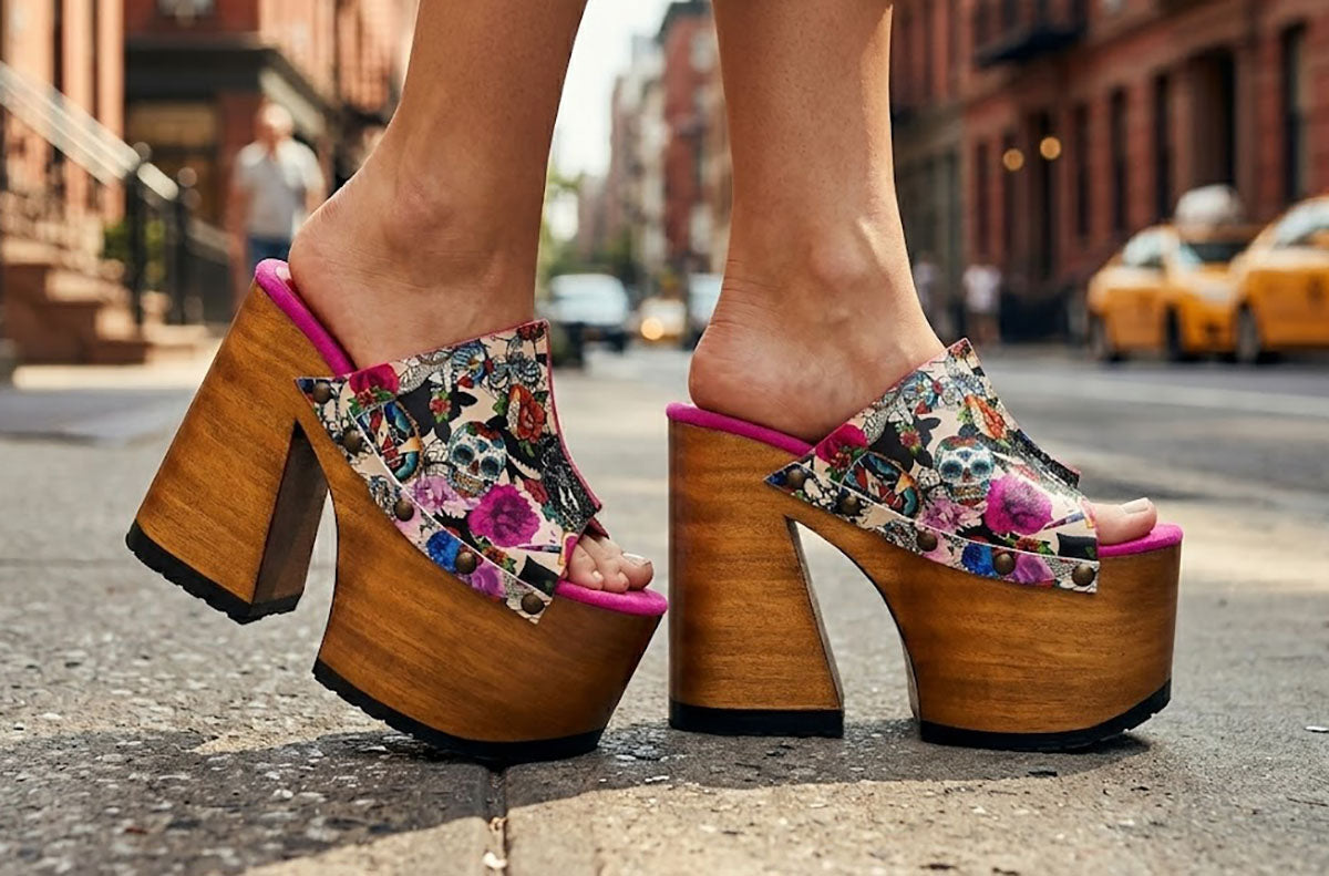 Close-up image of a model from the waist down wearing the Luxury Queen Tattoo Sandals by Sol Caleyo and rolled-up dark denim jeans, posing on a classic brownstone stone staircase in New York City.